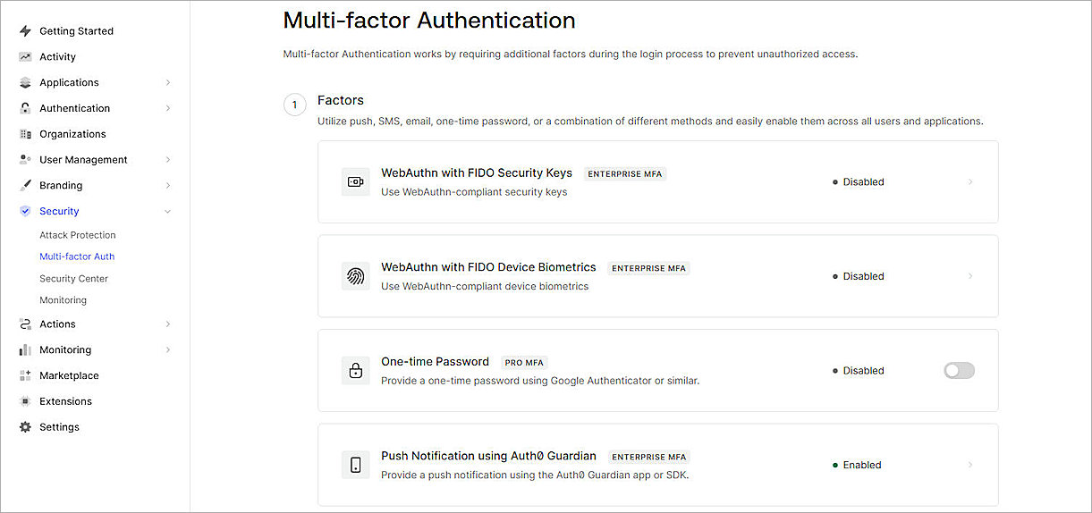 Screenshot of Auth0, MFA facotrs page